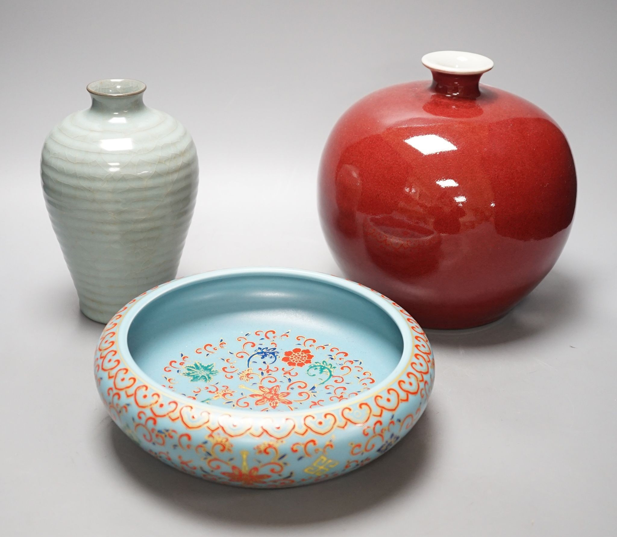 A Chinese oxblood vase, crackle glaze vase and enamelled bowl